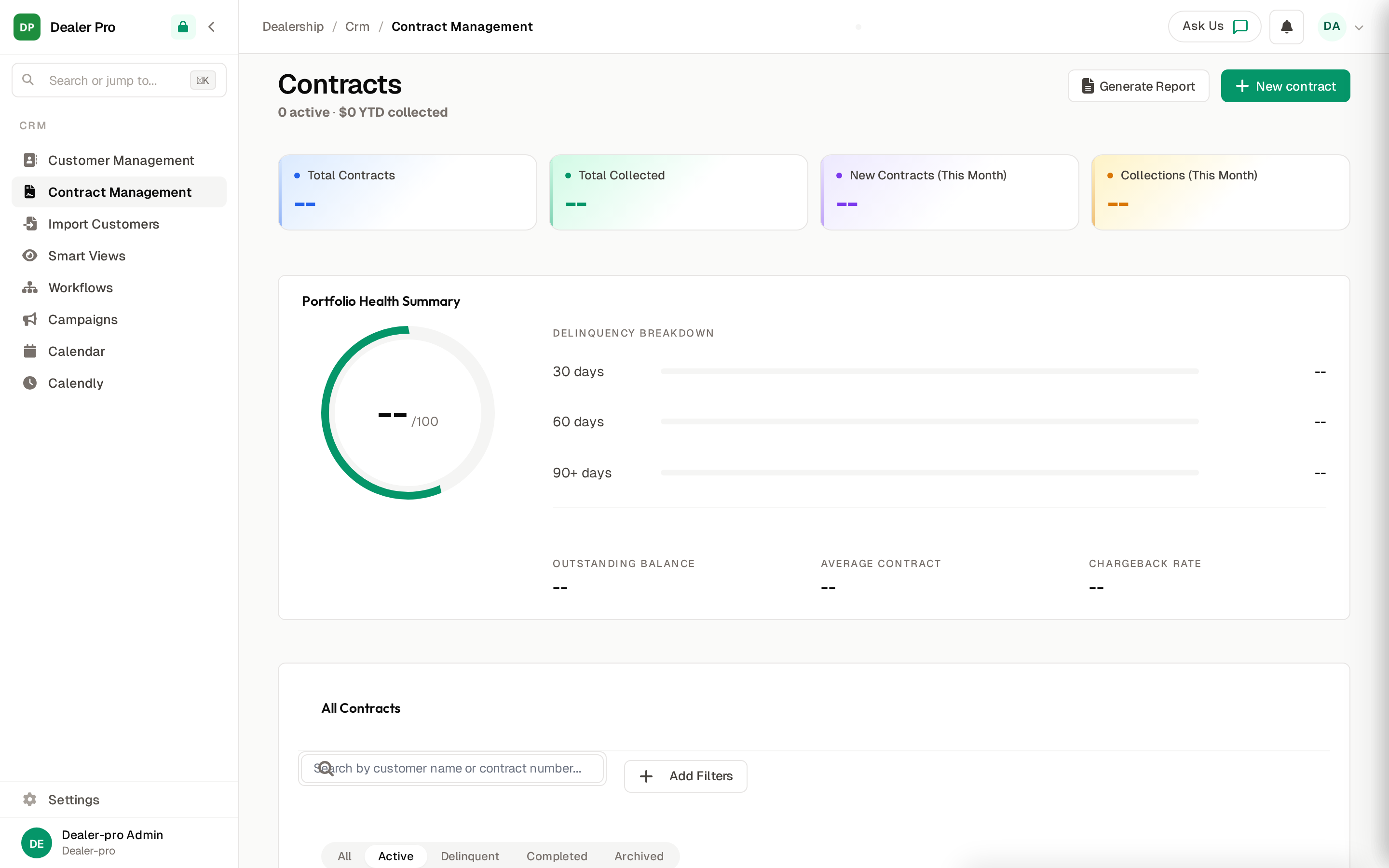 DealerPro DMS — Contract Management with statuses and lender flow