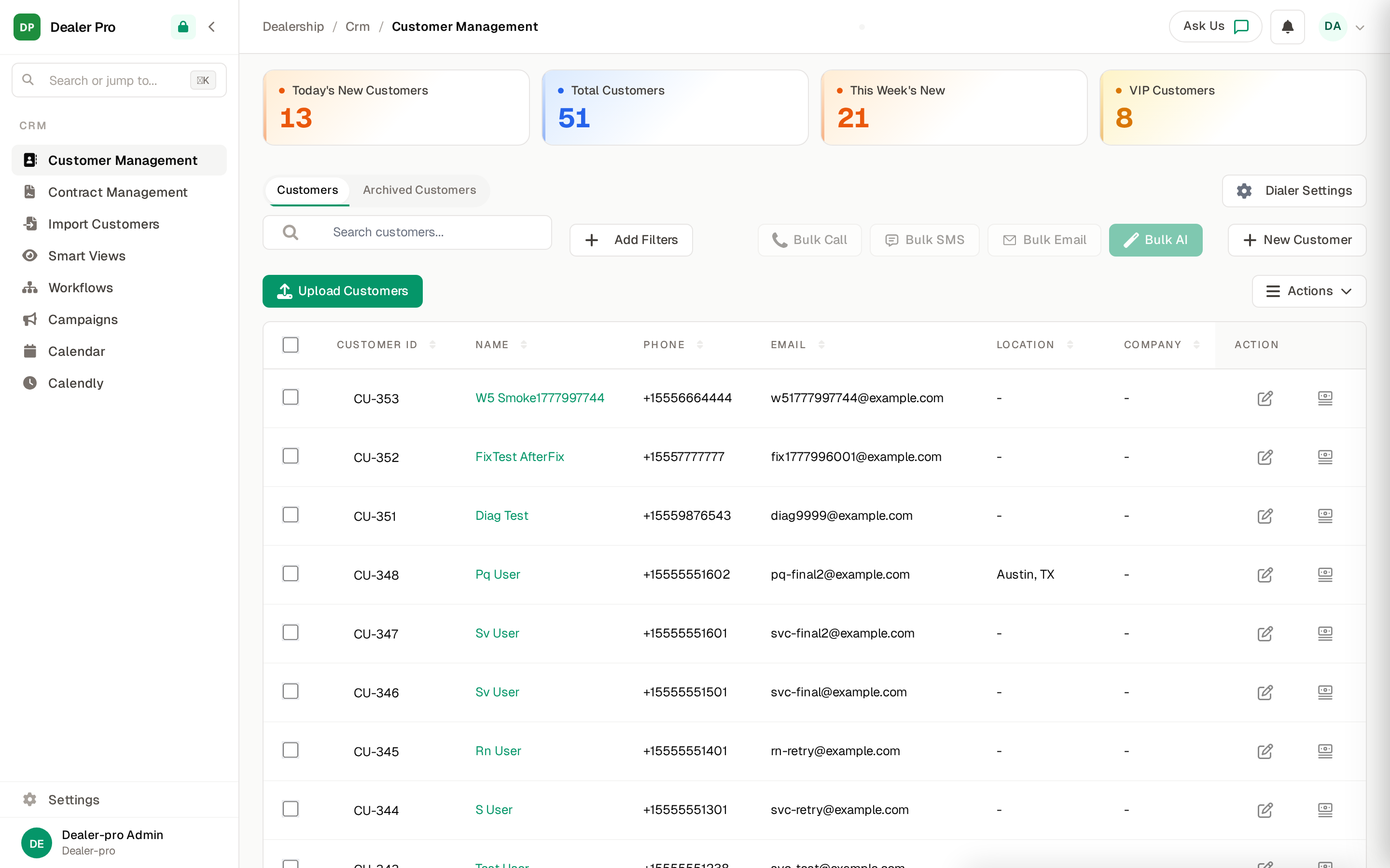 DealerPro CRM — Customer Management dashboard with 51 customers, stats, and actions