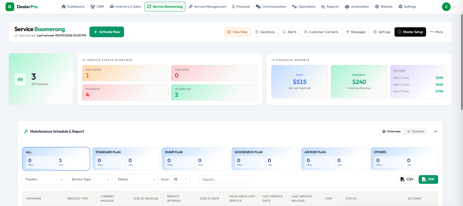 DealerPro Service Boomerang — service status, financial reports, maintenance schedules