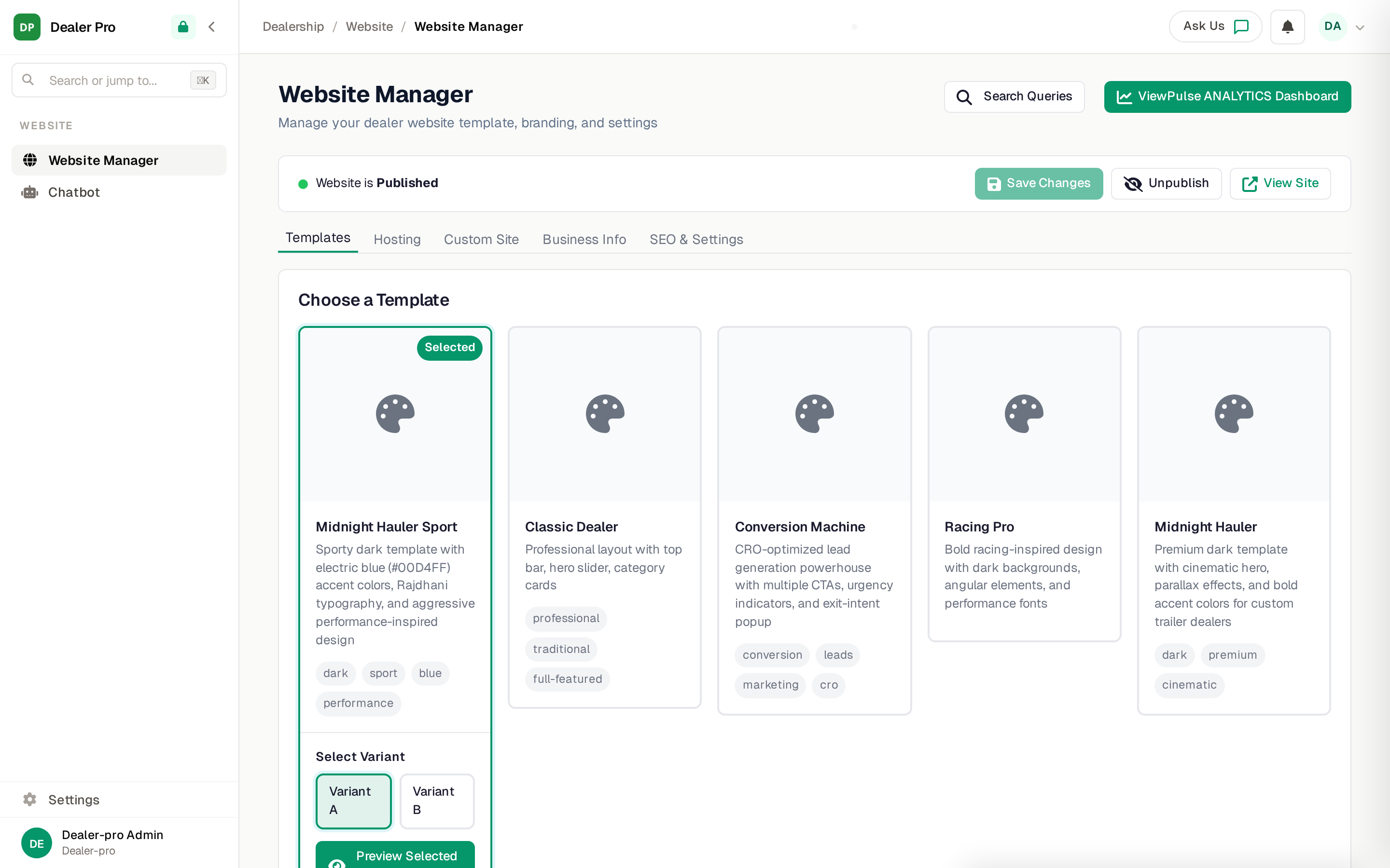DealerPro Dealer Website — visual builder, templates, and analytics